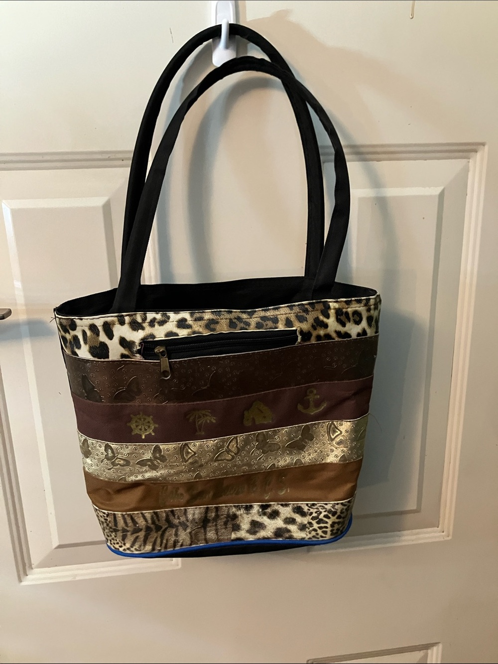 Striped Mixed-Material Tote Bag in Brown and Leopard Print - Unbranded